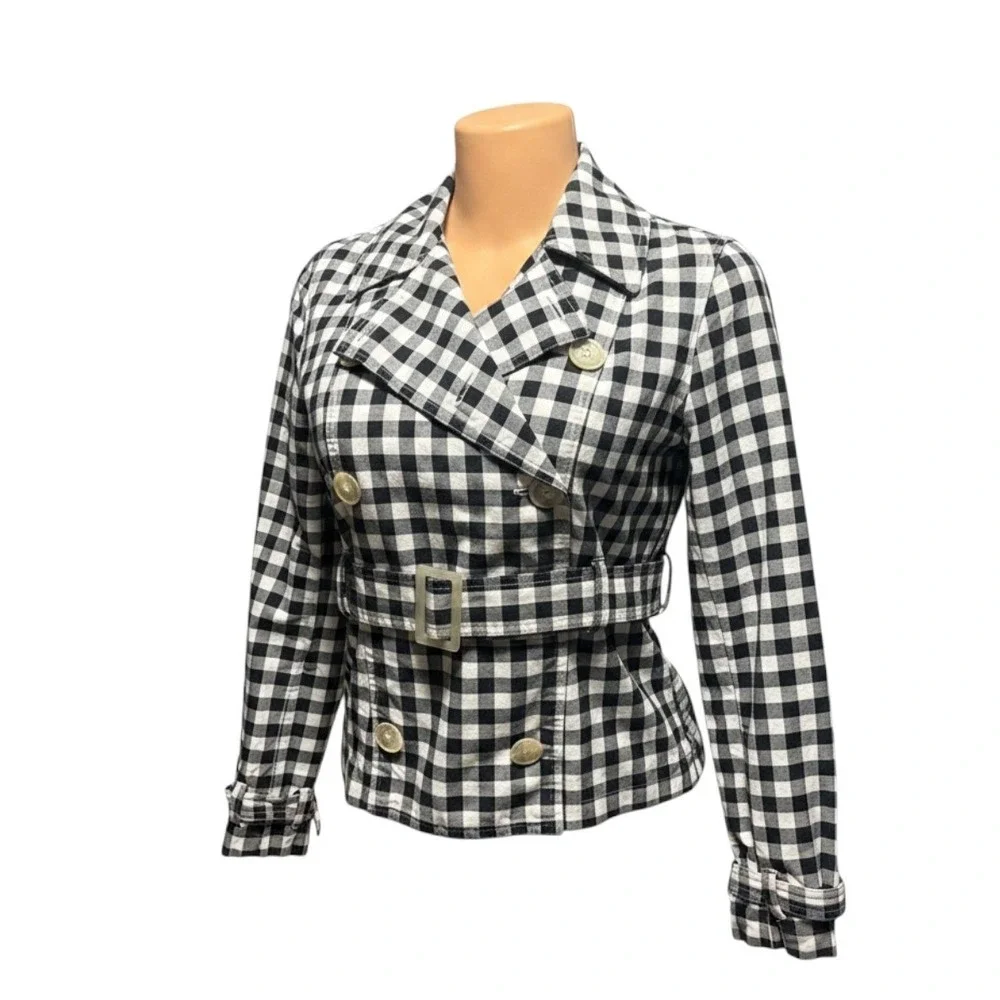 Lauren Ralph Lauren Jacket Women Petite P Black Excellent Gingham Belted Cotton